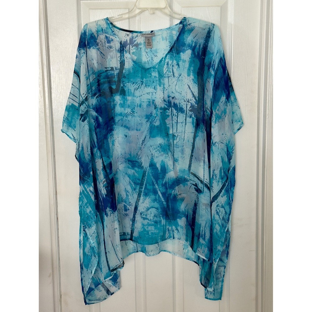 Catherines One Size Blue Tropical Palm Tree Print Sheer Caftan Poncho Top